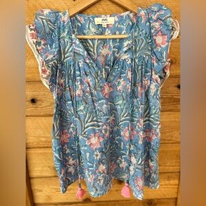 Anthropologie Blue and Pink Floral Blouse